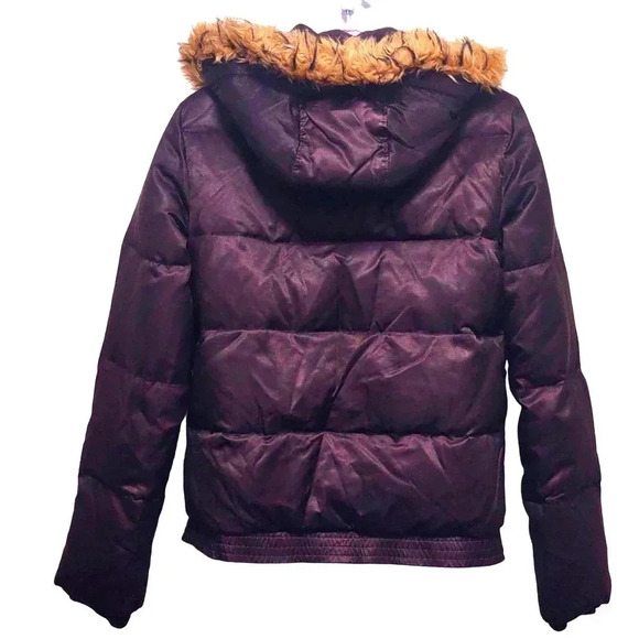 Old Navy Purple Feather Down Jacket With Removable Hood Faux Fur Y2K - Picture 2 of 6
